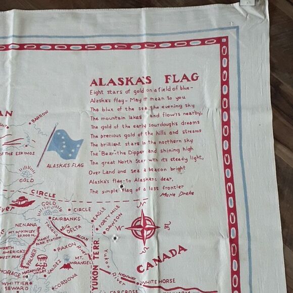 Vintage Linen ALASKA Map Souvenir Tablecloth Wall Hanging 46” X 50”. - Picture 3 of 11